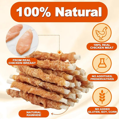 Amzey 24OZ Chicken Wrapped Rawhides Dogs Treats, Rawhide Twist Chicken Hide Sticks, Puppy Training Snacks Sticks Dog Chews, All Natural 4 Resealable Bags, Total 1.5lb