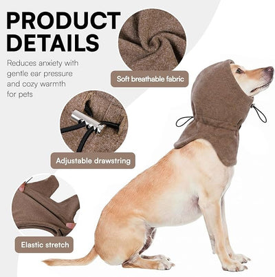Dog Calming Hoodie Pet Ear Warmer Covers for Noise, No Flap Ear Wrap for Dogs, Quiet Ears Dog Hoodie Anxiety Relief Dogs Hat Calming Hood Head Cover, Brown M