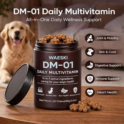 DM-01 Daily Multivitamin for Dogs, 12-in-1 Soft Chews with Salmon Oil, Probiotics, Chondroitin & Vitamins, Skin & Coat, Gut, Hip & Joint and Immune Support, Beef Flavor, 60 Chews