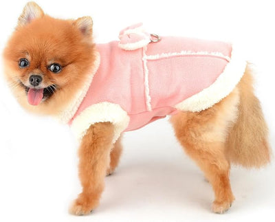 SMALLLEE_LUCKY_STORE Fleece Dog Coat for Small Dog Pet Harness Jacket with Bow and D-Ring, Soft Vest Fall Winter Clothes with Fuzzy Collar Chihuahua Yorkie Cat Apparel, Pink, XS