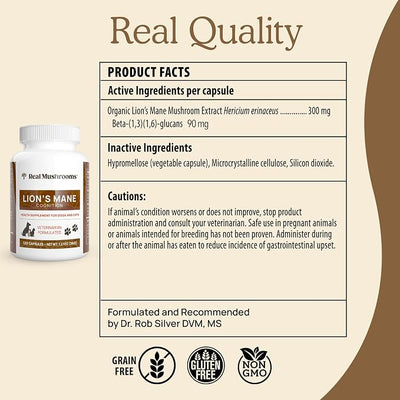 Real Mushrooms Lion’s Mane Pet Mushroom Supplement – Pet Wellbeing Capsules – for Cat & Dog Supplement & Vitamins – Support Mindful Routines – Organic, Vegan, Non-GMO, 120 Count