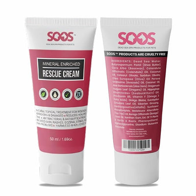 Soos Pets Pet Rescue Cream for Dogs and Cats | Natural Dead Sea Mineral Enriched | Fast Absorbing Reduce Pain | Topical Treatment of Injuries Cuts Sores Wounds Scratches damaged skin - 50ml