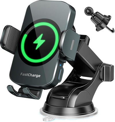 3-in-1 Wireless Car Charger Mount, 15W Fast Charging Auto-Clamping Phone Holder for iPhone 17 16 15 14, Samsung Galaxy S24 S23, Dashboard, Vent & Windshield Car Mount(Forest Green)