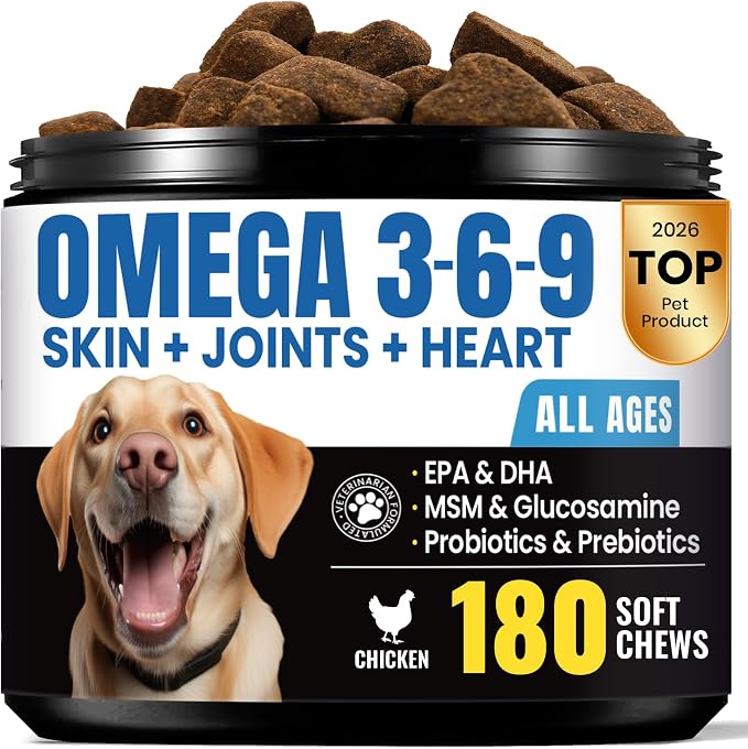 Omega 3 for Dogs – Salmon Oil for Dogs Skin & Coat Health, Fish Oil Supplement for Dog Shedding, Itch & Hot Spot Relief, Allergy Chews with EPA & DHA Fatty Acids for Skin & Joint Support - 180 Ct