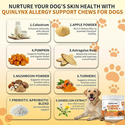 Allergy Chews for Dogs, Dog Probiotics, Yeast Support, Itchy Skin & Ears Relief, Hot Spots Support, for All Breeds & Sizes, 200g Soft Treats
