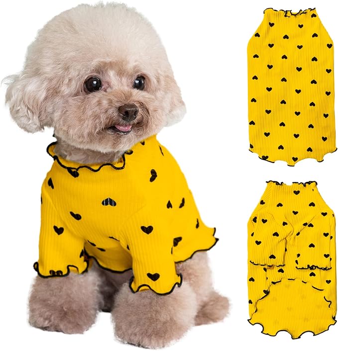 Pet Clothes for Small Dogs Cat Summer Fall Heart Print Shirt Stretchable Ruffle Long Sleeve Outfits for Chihuahua Schnauzer Shih Tzu Yorkie (Yellow, Medium)