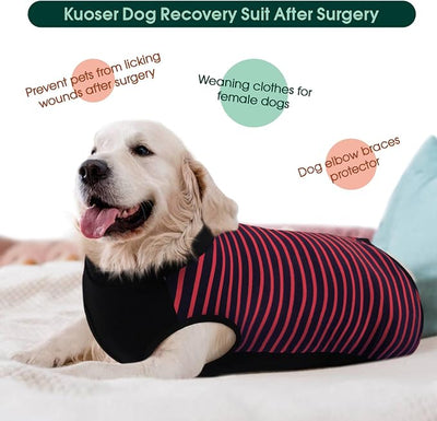 Kuoser Dog Recovery Suit with Anti Licking Rear Leg Sleeve, Red 3XL | Abdominal Dog Surgical Suit with Pants Cover Protect Wounds, Dogs Elbow Protector Soft Pet Surgery Onesie Cone Alternative