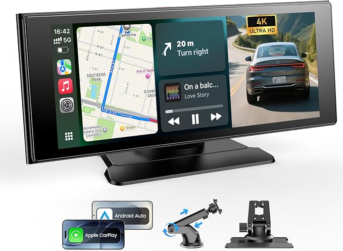 WonVon Wireless Car Play Screen, 10.26'' Monitor with Apple Carplay & Android Auto, 4K Portable Smart Touch Tablet Stereo Multimedia Dashboard, Bluetooth/FM/GPS/AUX