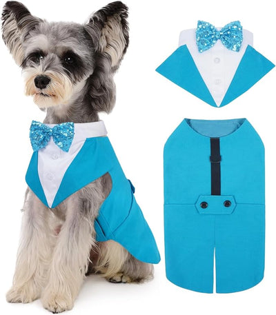 Kuoser Dog Tuxedo for Small Dogs, Pet Wedding Outfit with Bow Tie, Dog Suit and Bandana Set Formal Dogs Tux Pet Costume Halloween Christmas Outfit for Birthday Party Cosplay