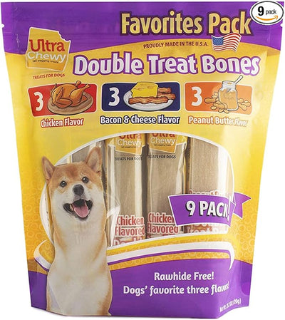 Ultra Chewy Double Treat Bones Favorites, Dog Treats, Made in The USA, Healthy Treats, Easy to Digest, Promotes Dental Health (Assorted Flavors, 1 Pack/9 Bones Per Pack)