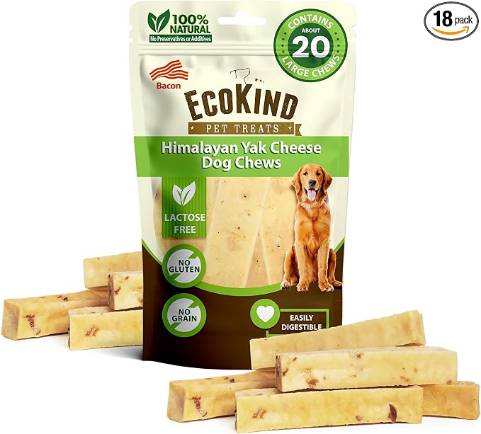 EcoKind Yak Cheese Himalayan Dog Chews, Yak Chews for Large Dogs, Long Lasting Bone for Aggressive Chewers, Only 4 Ingredients, Natural High Protein Dog Treats, No Additives, Bacon, Large - 18+ Chews