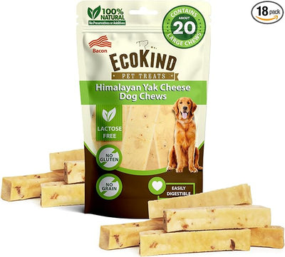 EcoKind Yak Cheese Himalayan Dog Chews, Yak Chews for Large Dogs, Long Lasting Bone for Aggressive Chewers, Only 4 Ingredients, Natural High Protein Dog Treats, No Additives, Bacon, Large - 18+ Chews