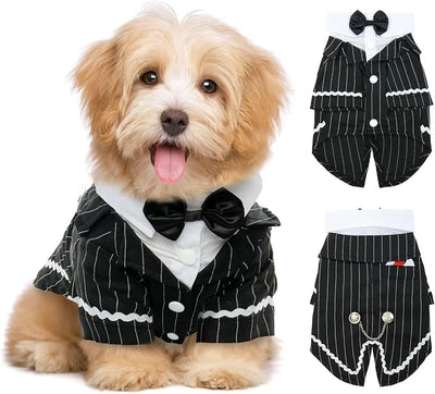 QBLEEV Dog Tuxedo Suit with Bow Tie, Formal Black & White Striped Dog Costume Outfit, Doggy Tux Prince Dress for Wedding Party Birthday Holiday, Elegant Dogs Attire for Golden Retriever Husky Border