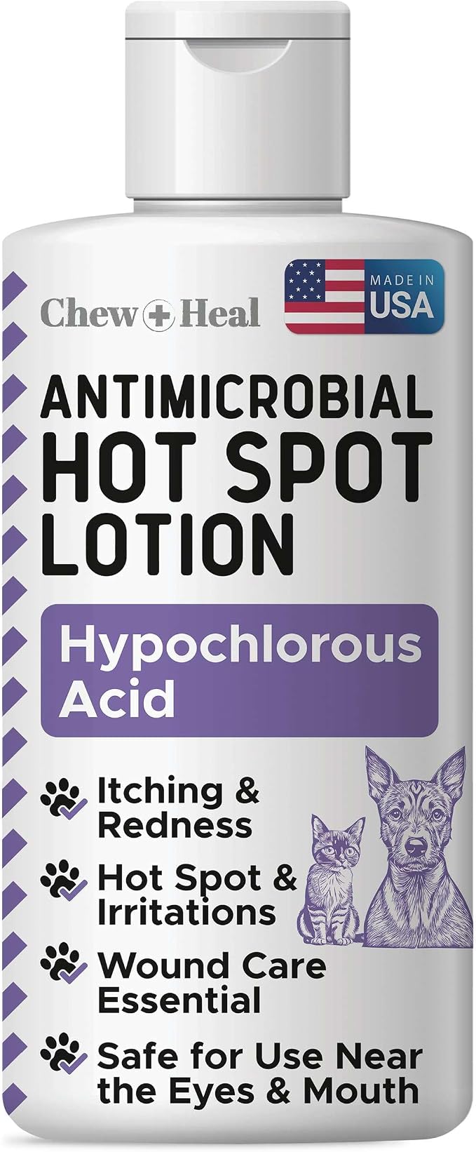 Chew + Heal Labs Hypochlorous Acid Lotion for Dogs – 4oz Dog Wound Spray for Cuts, Burns, Sores, Abrasions, and More – Non Toxic and Chemical Free Hot Spot Lotion – Made in the USA