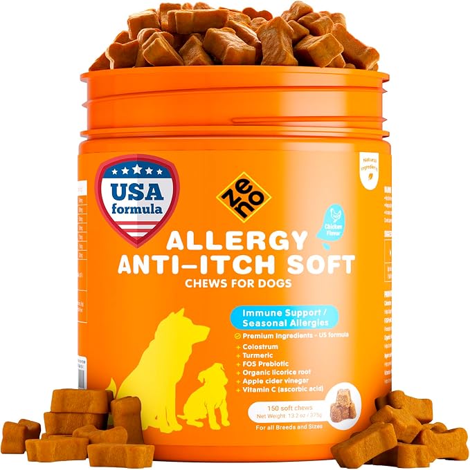 ZENO Dog Allergy Chews 150Pcs - Dog Supplements for Itchy Skin and Paw Licking - Canine Allergy Relief - US Formula with Probiotics, Natural Ingredients & Vitamins - Chicken
