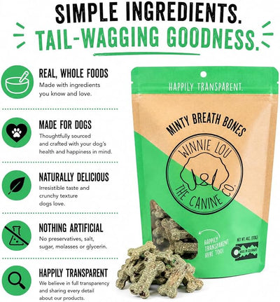 Winnie Lou Organic Dog Treats – Natural Dog Biscuits, USA Made, Organic Ingredients, Clean, Sensative Stomach, All Breed Sizes, High Protein, Hypoallergenic, Minty Breath Bones (Pack of 2)