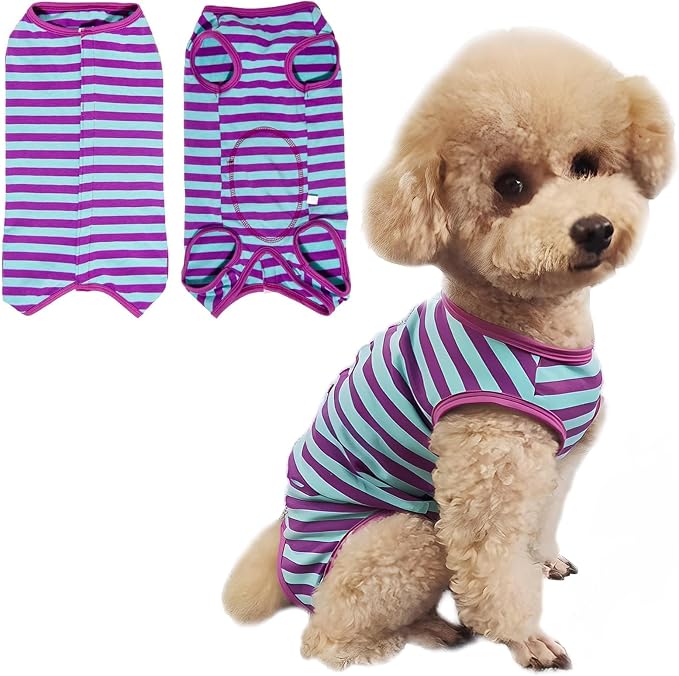 Dog's Recovery Suit Post Surgery Shirt for Puppy, Small Dog Surgical Recovery Suit for Female Male Dogs, Dog Onesie Protect Surgical Wound(Purple Blue Stripe-xs)
