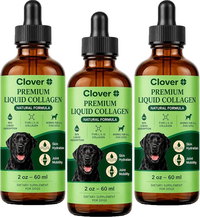 Clover Collagen for Dogs, Triple Hydrolyzed Liquid Collagen Peptides with Glucosamine and Hyaluronic Acid, Joint Mobility Support, Skin and Coat Supplement Drops (3PCS)
