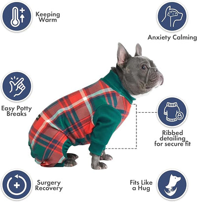 Spark Paws Dog Christmas Pajama, Dog Recovery Suit Male, Onesie, Ultra-Soft and 4-Way Stretch, for Small Medium and Large Breeds - Green and Red Plaid - XL