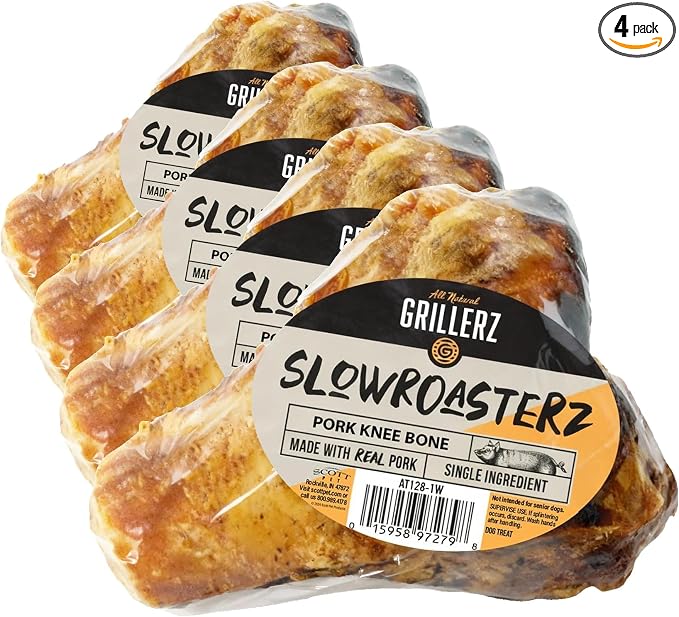 Scott Pet Grillerz Pork Knee Bone, 4 Count, Pork Bones for Dogs, Rawhide Free, Dog Chew for Healthy Teeth & Gums, High Protein, Easy to Digest, Long Lasting, Natural Treats for All Breeds