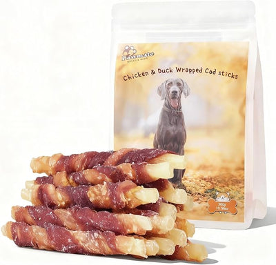 Pawmate Triple Flavor Dog Treats, Chicken Duck Wrapped Cod Sticks, Rawhide-Free Grain-Free Soft Chewy Treats Natural Ingredients, Training Snacks for Small Medium Large Dogs, 15-17 Counts, 10.6 oz