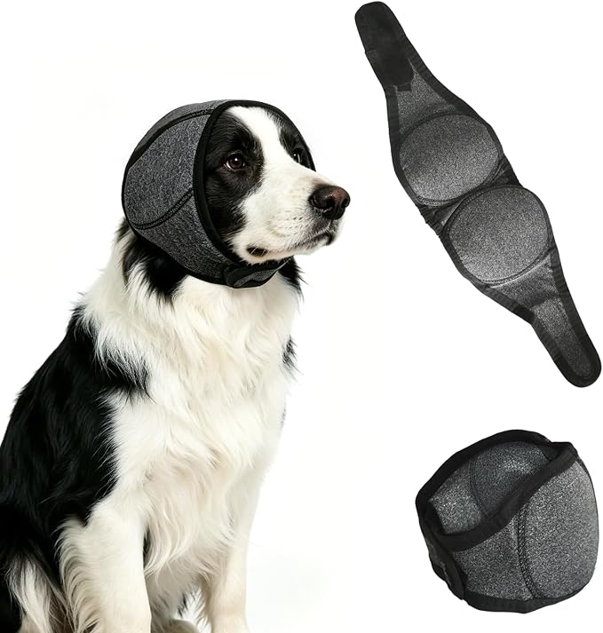 Upgraded Dog Ear Muffs for Noise Protection & Anxiety Relief, Adjustable No Shake Ear Wrap for Firework, Hematoma, Bathing, Swim, Grooming and Force Drying (Gray, M(Head Size:14"-19"))