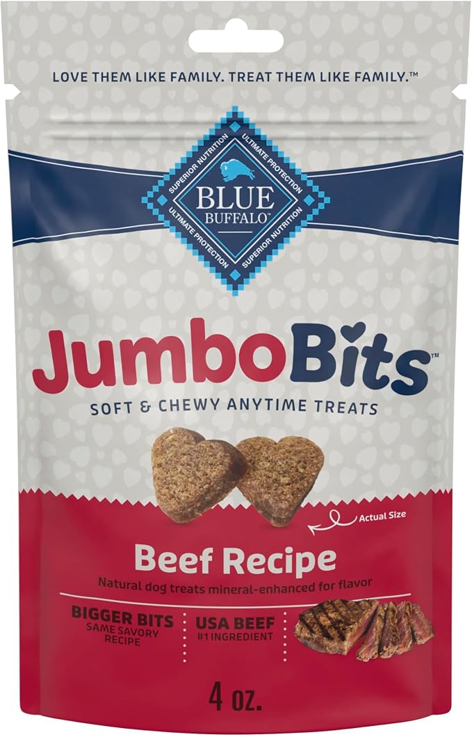 Blue Buffalo Jumbo Bits, Soft & Chewy Anytime Treats, Beef Recipe, Natural Dog Treats Mineral Enhanced for Flavor, 4 oz. Bag
