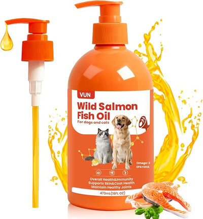 VUN Salmon Fish Oil for Dogs & Cats,Unflavored Omega 3 Oil Supplement for Itchy Dry Skin,Allergy Relief,Joints&Paws,Brain,Eyes&Heart Treatment,Wild Liquid Fish Oil by Pump with EPA DHA–16 oz