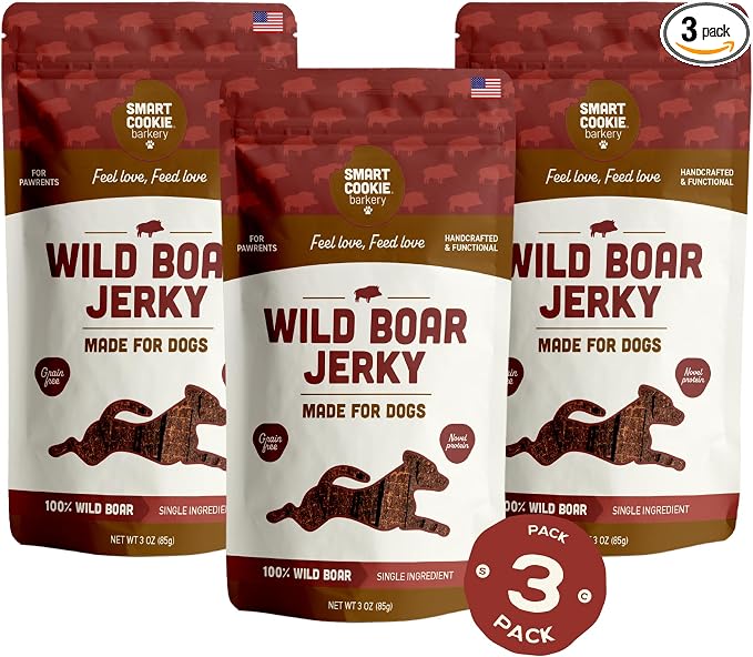 Smart Cookie 100% Wild Boar Jerky Dog Treats - Single Ingredient Hypoallergenic Training Treats for Dogs and Puppies with Sensitive Stomachs - 100% Boar Meat, Grain Free, Made in USA - 3oz (3 Pack)