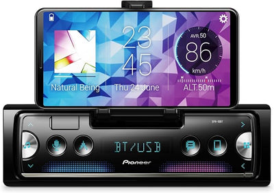 Pioneer SPH-10BT 1-Din Smart Sync Receiver – Bluetooth, Smartphone Mount, Color Change, USB, FLAC, Voice Control, 50W x 4 Output, 13-Band EQ, AM/FM Radio, Front, Rear/SW Selectable RCA Preout