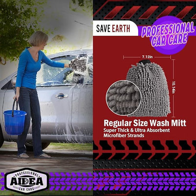 AIDEA Car Wash Mitt Microfiber, 1PK, Car Wash Brush, Grey, 7.12''X10.14'' | Scratch Free Lint Free Premium Chenille Microfiber Mitt, Cleaning Supplies, Regular Size