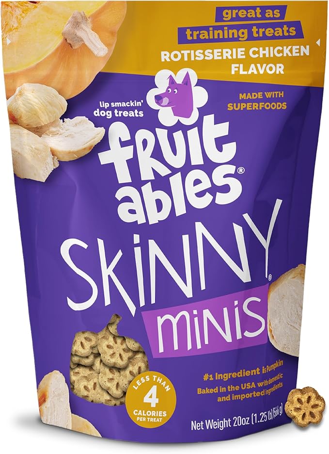Fruitables Skinny Mini Dog Treats, Healthy Pumpkin Treat for Dogs, Low Calorie & Delicious, Puppy Training, No Wheat, Corn or Soy, Made in the USA, Rotisserie Chicken Flavor, 20oz