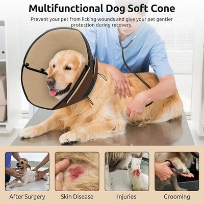 Queenmore Dog Cones for Small Dogs, Soft Cone for Dogs After Surgery, Adjustable Comfy Cone for Dogs & Cats, Comfortable Pet Cone After Surgery for Wound Healing, Brown S