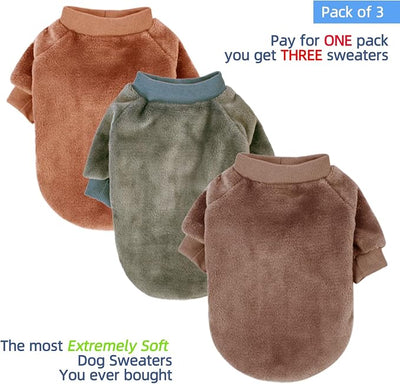 FabriCastle Small Dog Sweaters, 3-Pack Dog & Cat Clothes, Soft and Warm Pet Jackets for Small Dogs Boy & Girl, Winter Pet Apparel Costumes, Puppy Outfits (Camel,Khaki,Olive, Medium)