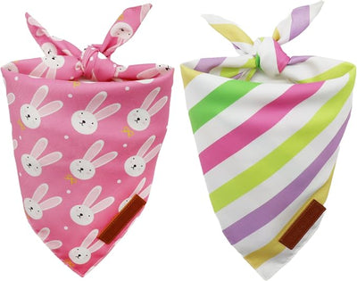 Realeaf Easter Dog Bandanas 2 Pack, Reversible Pink Bunny Colorful Stripe Spring Pet Scarf for Girl,Holiday Bandana for Small Medium Large and Extra Large Dogs (X-Large)