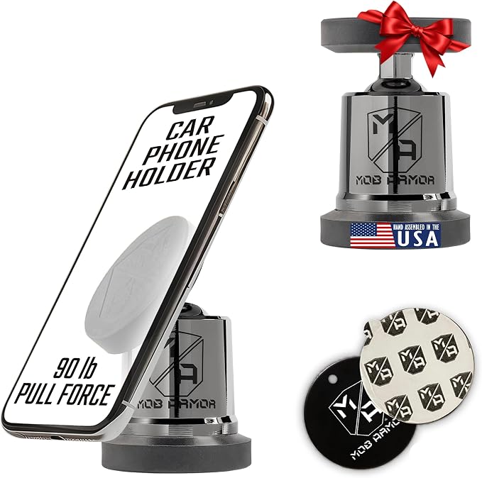Mob Armor MobNetic Maxx - USA Assembled Magnetic Phone Holder for Car, Magnetic Car Phone Mount, 90-Degree Tilt, 360-Degree Rotation, Aluminum Metal, Compatible with iPhone & Android - Black Chrome