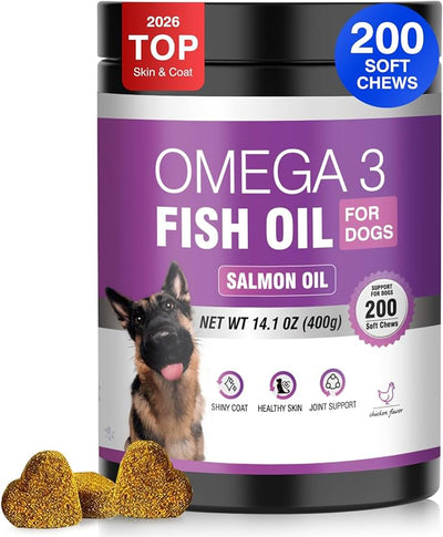 Fish Oil for Dogs Allergy and Itch Relief Chews - Omega 3 for Dog Skin and Coat Care - Salmon Oil for Dogs Anti Shedding Supplement Hot Spot Treatment EPA & DHA 200 Ct