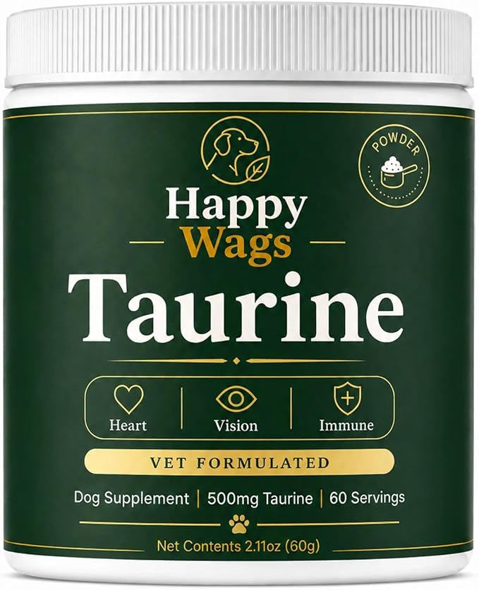 Happy Wags Taurine Powder for Dogs,Pure Amino Acid Supplement, Heart Vision Immune Aging Support, Tasteless Food Topper,Daily Scoop, All Breeds Ages,2.11 Oz (1pc)