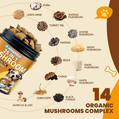 Mushroom Chews for Dogs - Turkey Tail Mushroom for Dogs Lumps & Bumps - Gut, Hip, Joint, Skin, Coat, Immune Health - 14 Organic Mushrooms Turkey Tail, Reishi, Lions Mane, Glucosamine, MSM - 160 Chews