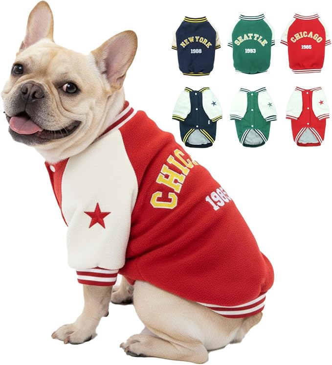 Dog Fleece Varsity Jacket for Medium Large Pets, Winter Pet Coat for Holidays, Stylish Male & Female Doggy Sweatshirt Outdoors, Red Sport Coats for Dogs, Baseball Uniform Jackets for Puppy, L