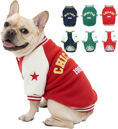 Dog Fleece Varsity Jacket for Medium Large Pets, Winter Pet Coat for Holidays, Stylish Male & Female Doggy Sweatshirt Outdoors, Red Sport Coats for Dogs, Baseball Uniform Jackets for Puppy, L