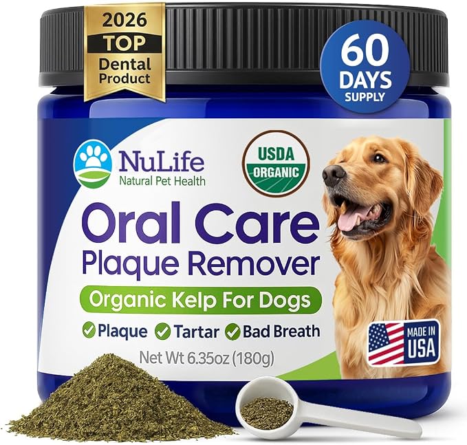 Dog Teeth Cleaning Powder, Dog Plaque and Tartar Remover, Bad Breath Treatment for Dogs with USDA Organic Sea Kelp Powder, Dog Dental Care Made Easy, for All Ages, 6oz