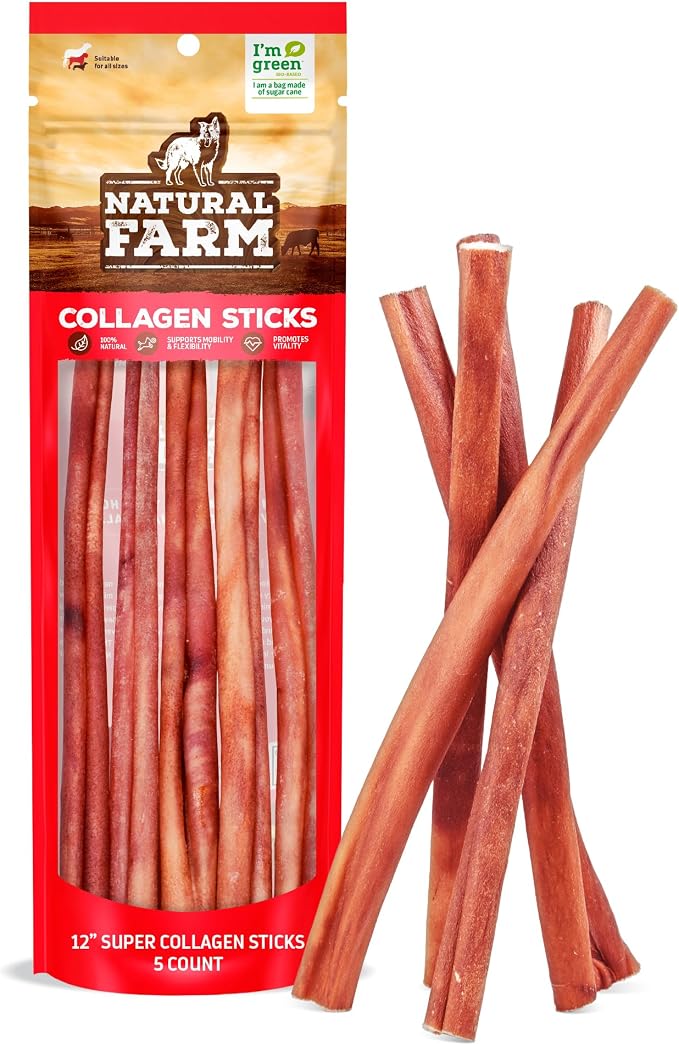 Natural Farm Odor-Free Super Collagen Dog Chews (12-Inch, 5-Pack) The First Ever Real Bull Sticks Alternative: 100% Natural Angus Hide Collagen Treats - More Protein, More Chew Time for All Dogs