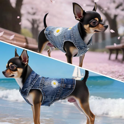 Pet Clothes Vintage Denim Dog Jacket with Daisy Embroidery - Puppy Stylish Pet Coat for Chihuahua, Yorkie Small Breeds - All-Season Comfort (Light-Blue,X-Small)