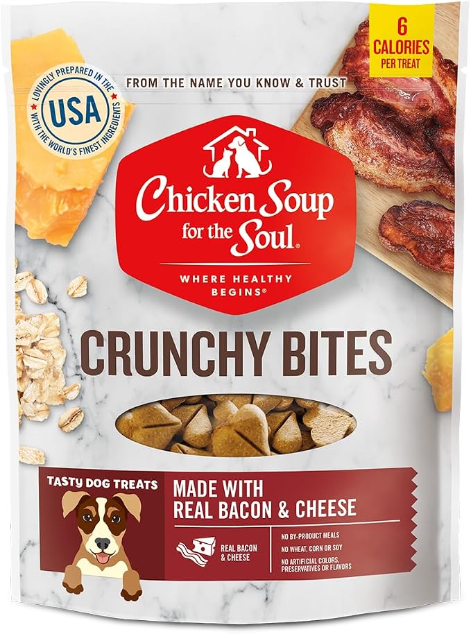 Chicken Soup for the Soul All Natural Premium Crunchy Bites Dog Treats, Real Bacon & Cheese, No By-Products, Artificial Colors, Flavors or Preservatives, Bacon & Cheese, 12oz