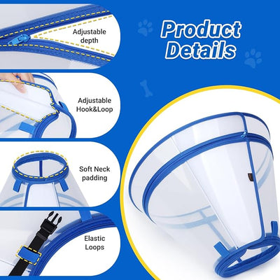 Dog Cone to Stop Licking, Clear Recovery Collar with Detachable Zipper, Sturdy Elizabethan Collar for Large Medium Small Dogs, Soft Adjustable Cone After Surgery Patented, Blue L