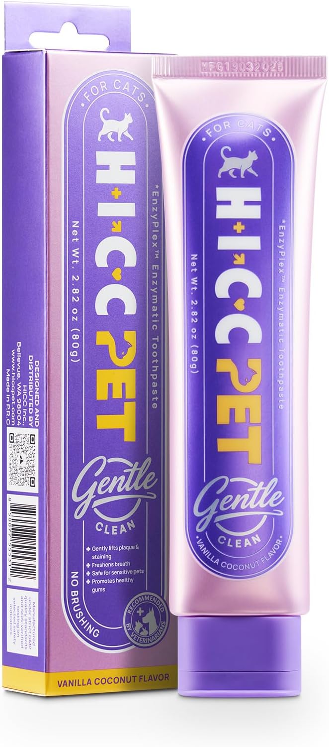 HICC PET Hypoallergenic 4-Enzymatic Cat Toothpaste, Gentle Clean for Sensitive Gums, Low-Sensitivity Plaque & Tartar Defense Gel for Fresh Breath, Soothing Oral Care - Vanilla Coconut Flavor, 2.82 oz