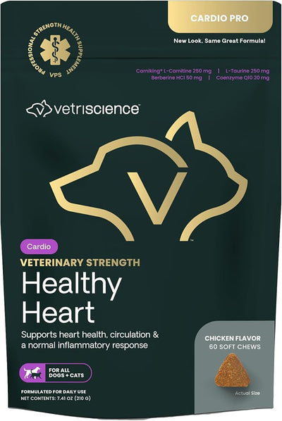 VETRISCIENCE Veterinary Strength Healthy Heart Chews - Heart & Energy Supplement for Pets - Cardiovascular Supplement - Pet Blood Flow Support - Chicken Flavor - 60 Count