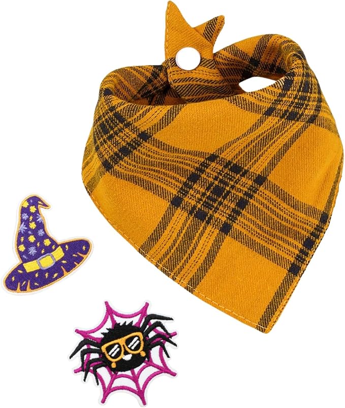 Plaid Dog Bandana - Spider and Witch Hat Embroidery Patches- Adjustable Cute Triangular Scarf for Pets, Boys and Girls Pet Scarf,Large