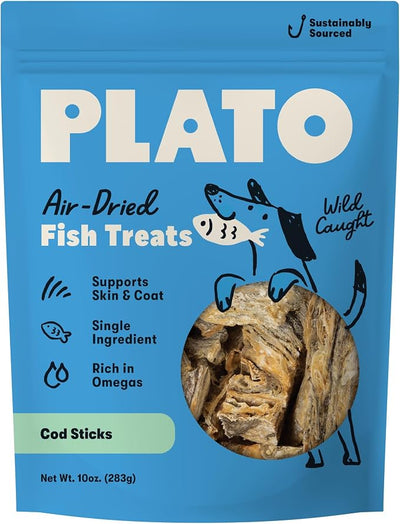 Plato Single Ingredient Wild-Caught Cod Skin Sticks Dog Treats, Air-Dried Omega-Rich Skin & Coat Support, 10 oz